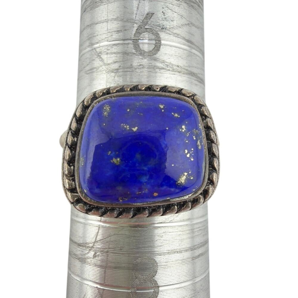 Sq. Lapis Lazuli Pyrite Twisted Rope Split Shank 925 Sterling Silver Ring Size 7